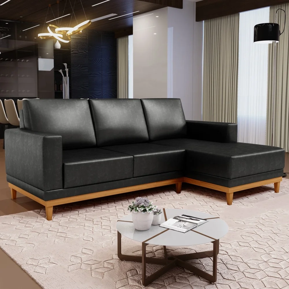 Sofá 3 Lugares 200cm Living Com Chaise Direito Sala de Estar Kayrós D05 Sintético Preto - Mpozenato