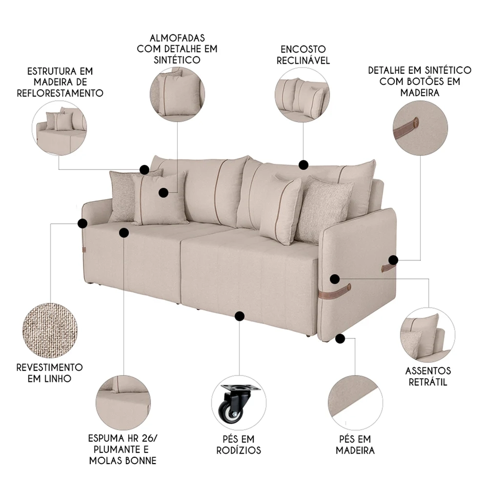 Sofá Cama Retrátil 220cm Essence D05 Linho Bege/Camel - Mpozenato