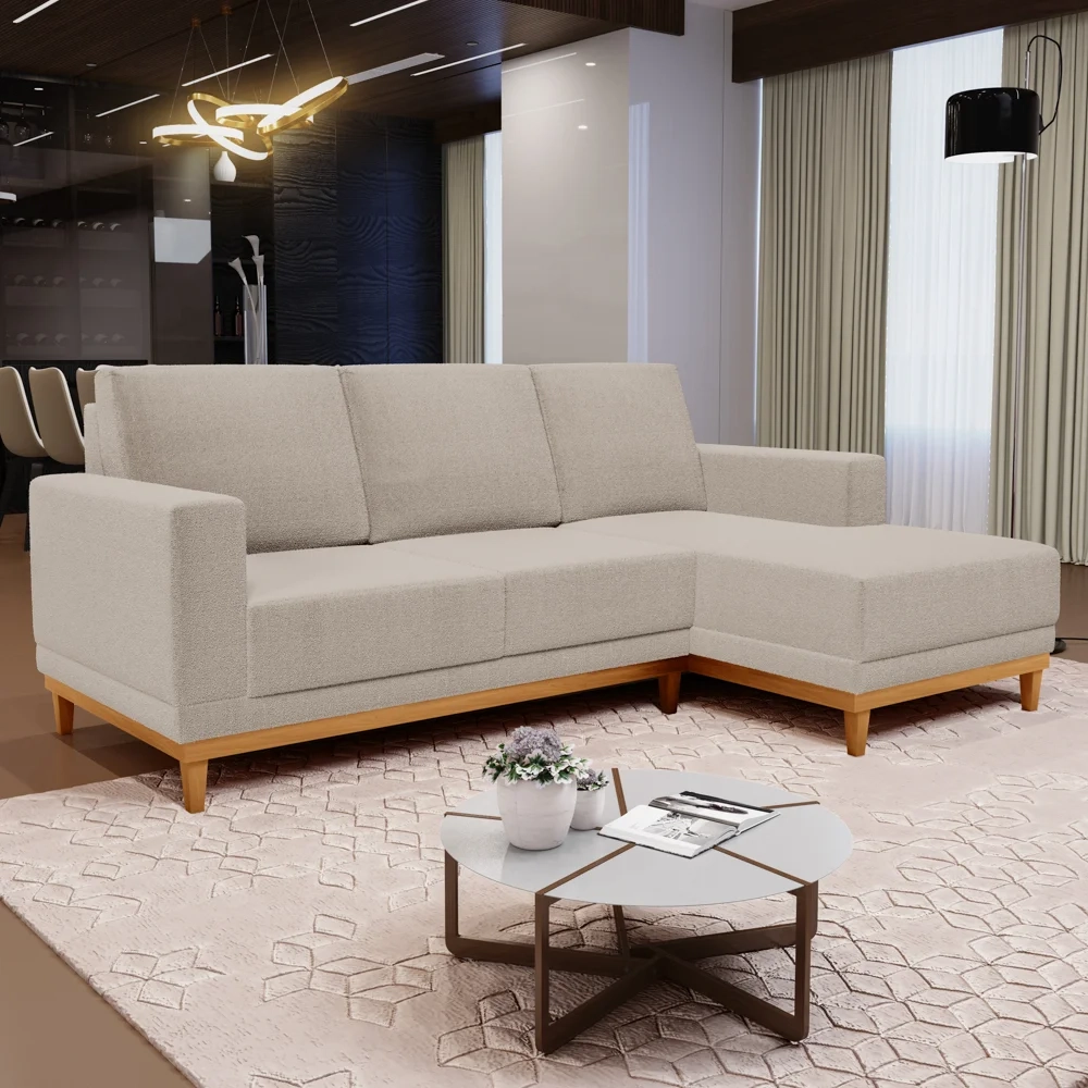 Sofá Living 200cm 3 Lugares Com Chaise Direito Kayrós D05 Boucle Bege - Mpozenato