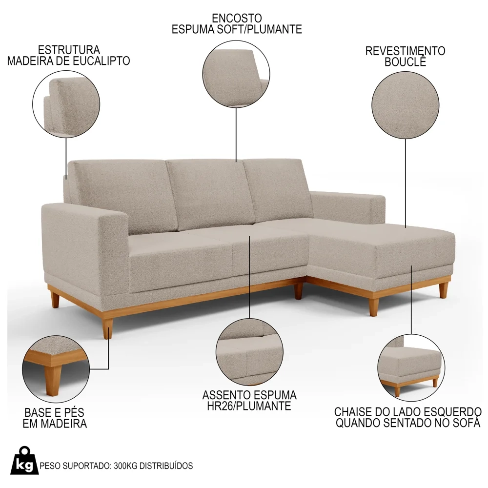 Sofá Living 200cm 3 Lugares Com Chaise Direito Kayrós D05 Boucle Bege - Mpozenato