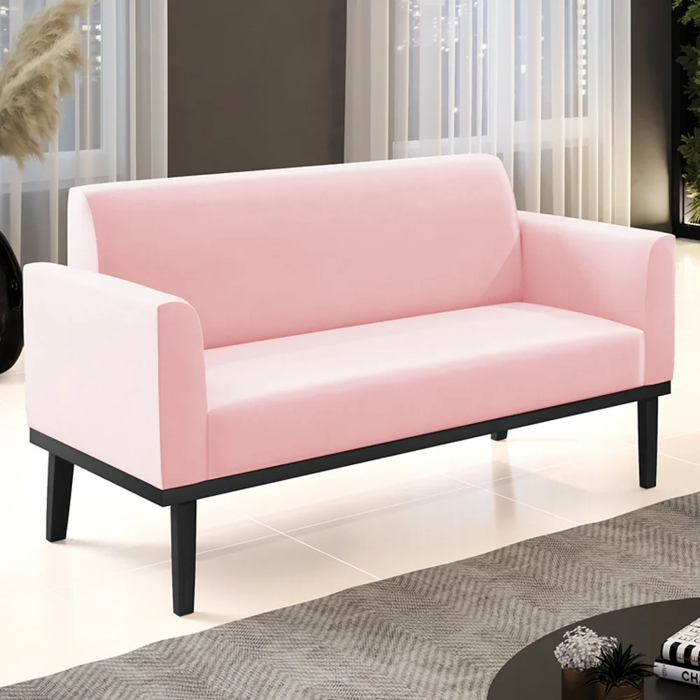 Sofá Namoradeira Base Madeira Preto Maressa Suede Rosa Bebê - Ibiza