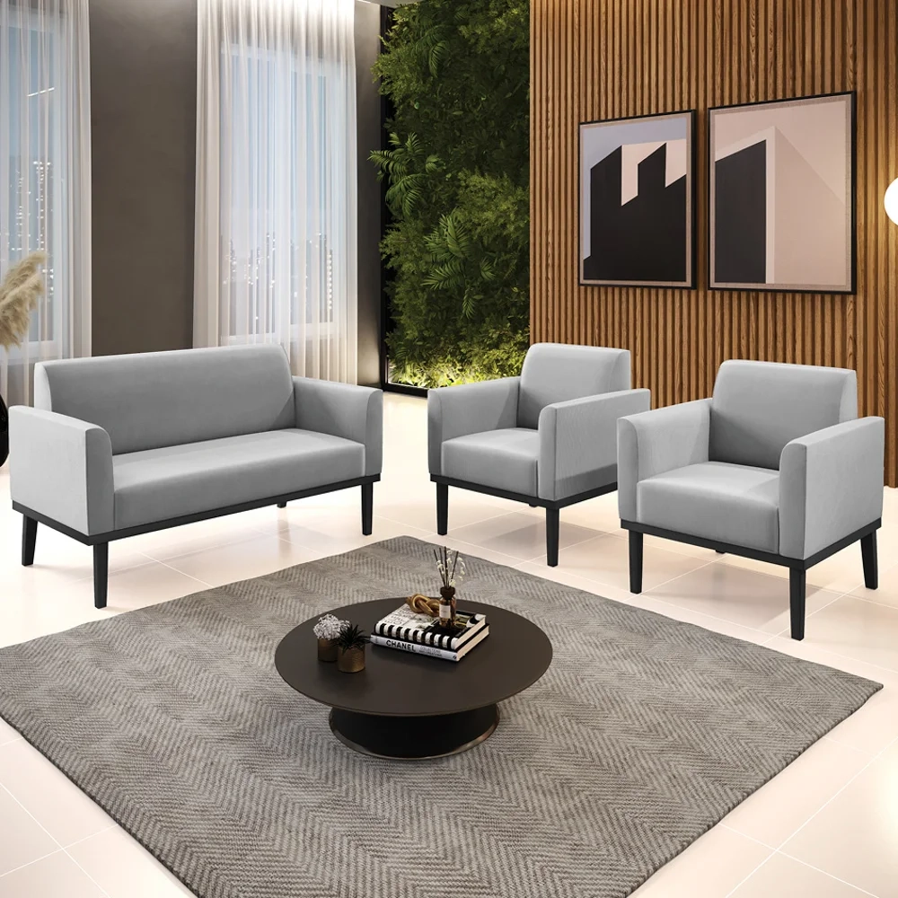 Sofá Namoradeira e 2 Poltronas Base Madeira Preto Maressa Suede Cinza - Ibiza