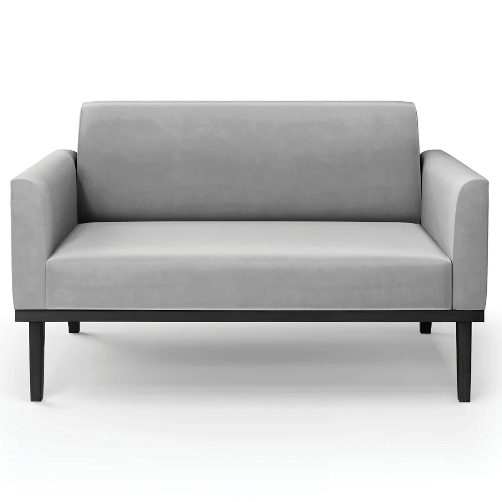 Sofá Namoradeira e 2 Poltronas Base Madeira Preto Maressa Suede Cinza - Ibiza