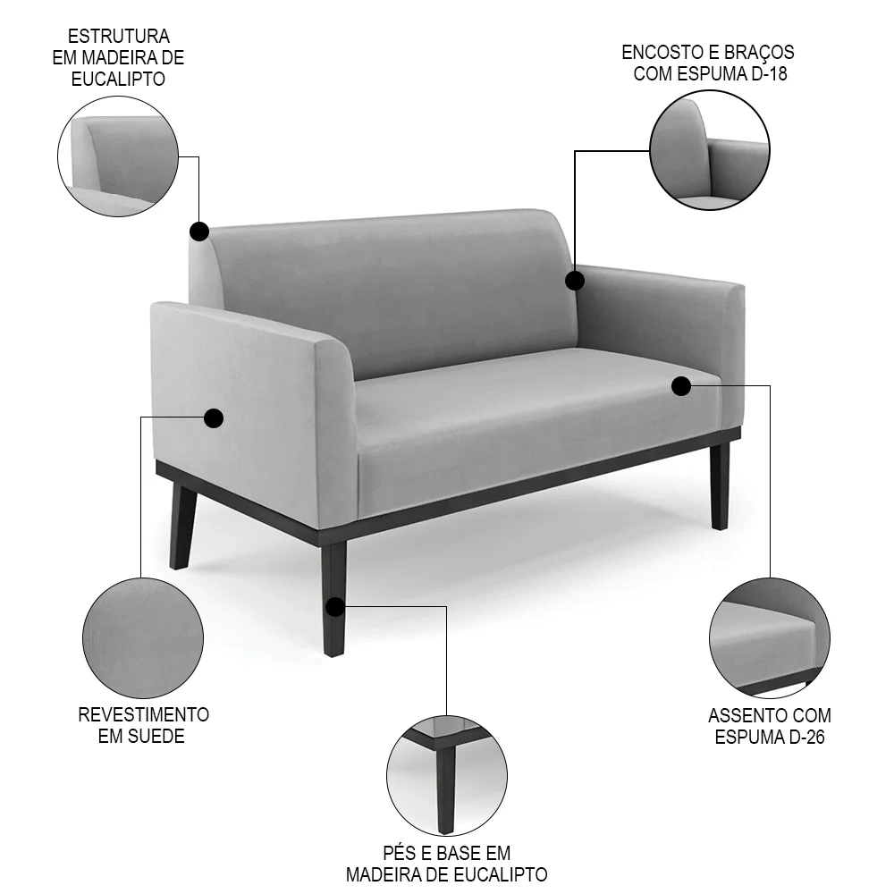 Sofá Namoradeira e 2 Poltronas Base Madeira Preto Maressa Suede Cinza - Ibiza