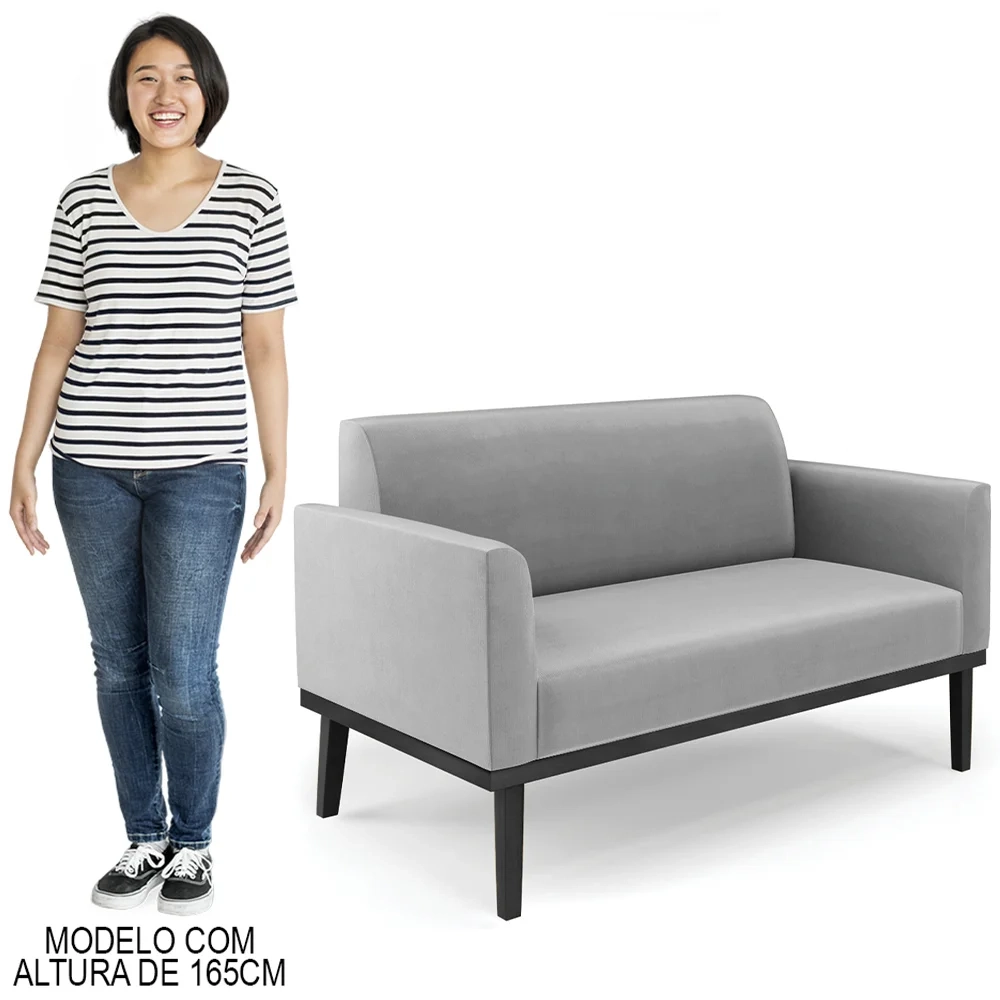 Sofá Namoradeira e 2 Poltronas Base Madeira Preto Maressa Suede Cinza - Ibiza