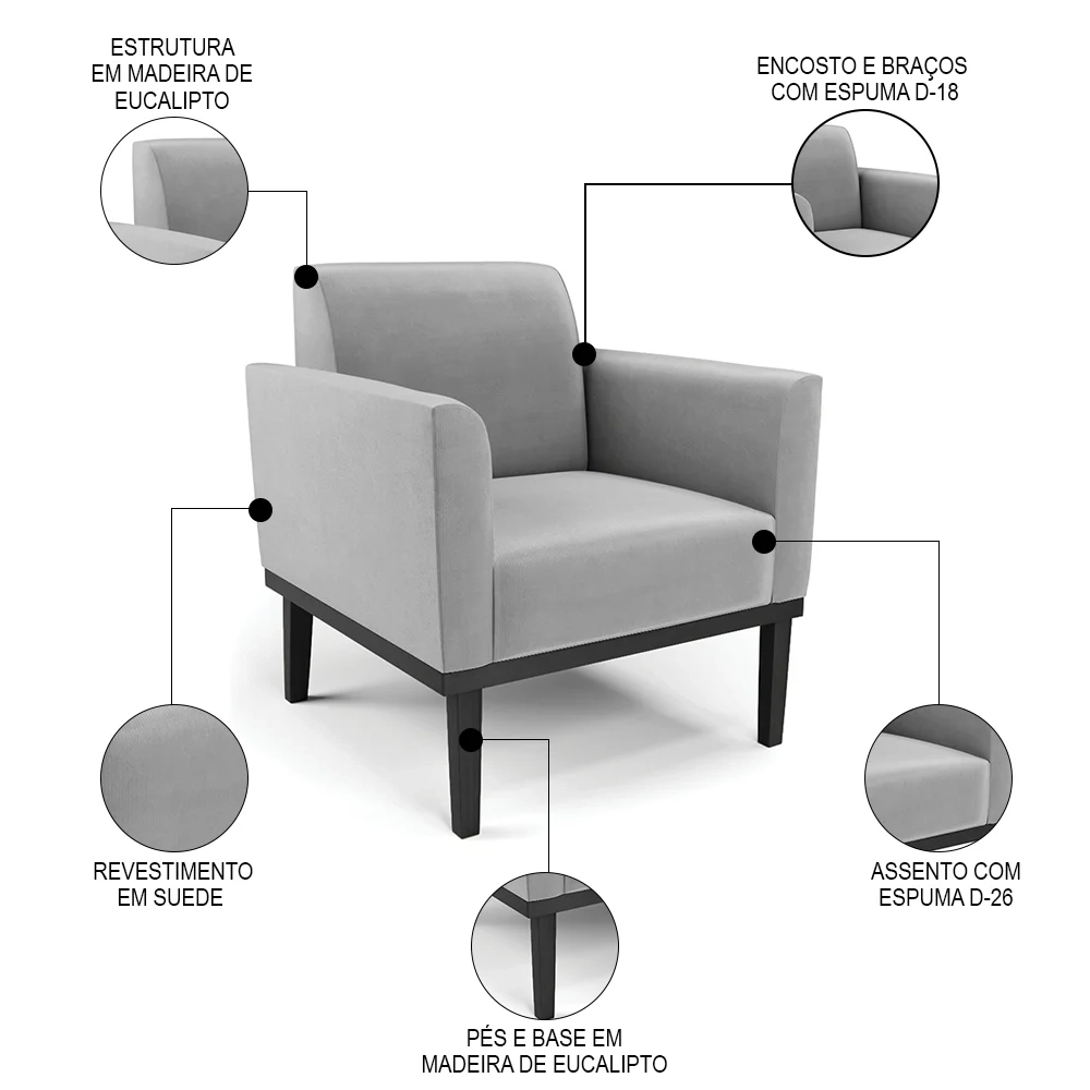 Sofá Namoradeira e 2 Poltronas Base Madeira Preto Maressa Suede Cinza - Ibiza