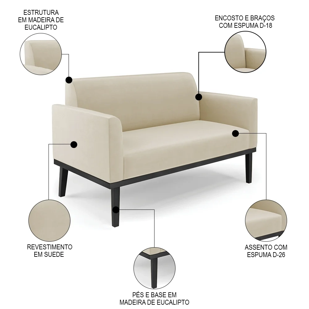 Sofá Namoradeira e 2 Poltronas Base Madeira Preto Maressa Suede Bege - Ibiza