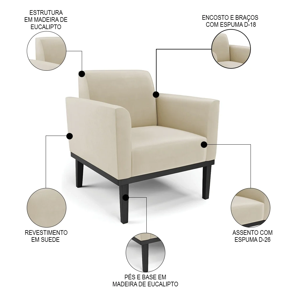Sofá Namoradeira e 2 Poltronas Base Madeira Preto Maressa Suede Bege - Ibiza