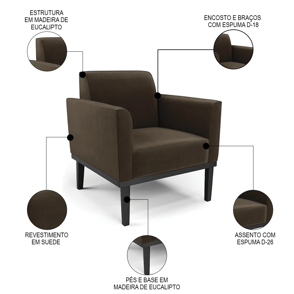 Sofá Namoradeira e 2 Poltronas Base Madeira Preto Maressa Suede Marrom - Ibiza