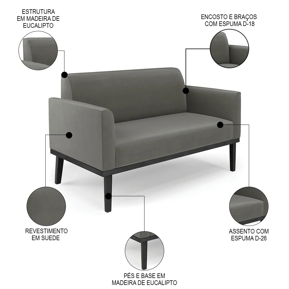 Sofá Namoradeira e 2 Poltronas Base Madeira Preto Maressa Suede Grafite - Ibiza