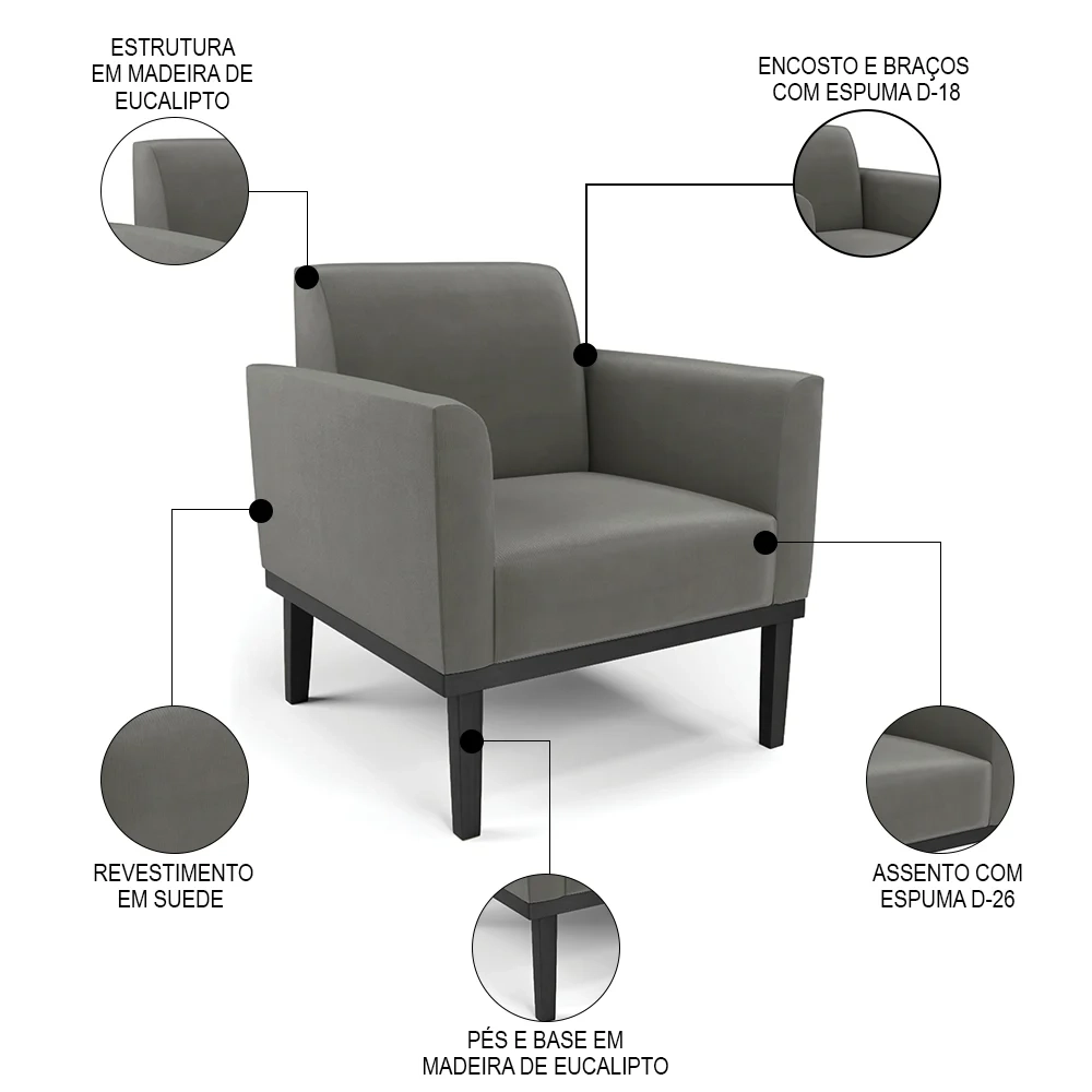 Sofá Namoradeira e 2 Poltronas Base Madeira Preto Maressa Suede Grafite - Ibiza