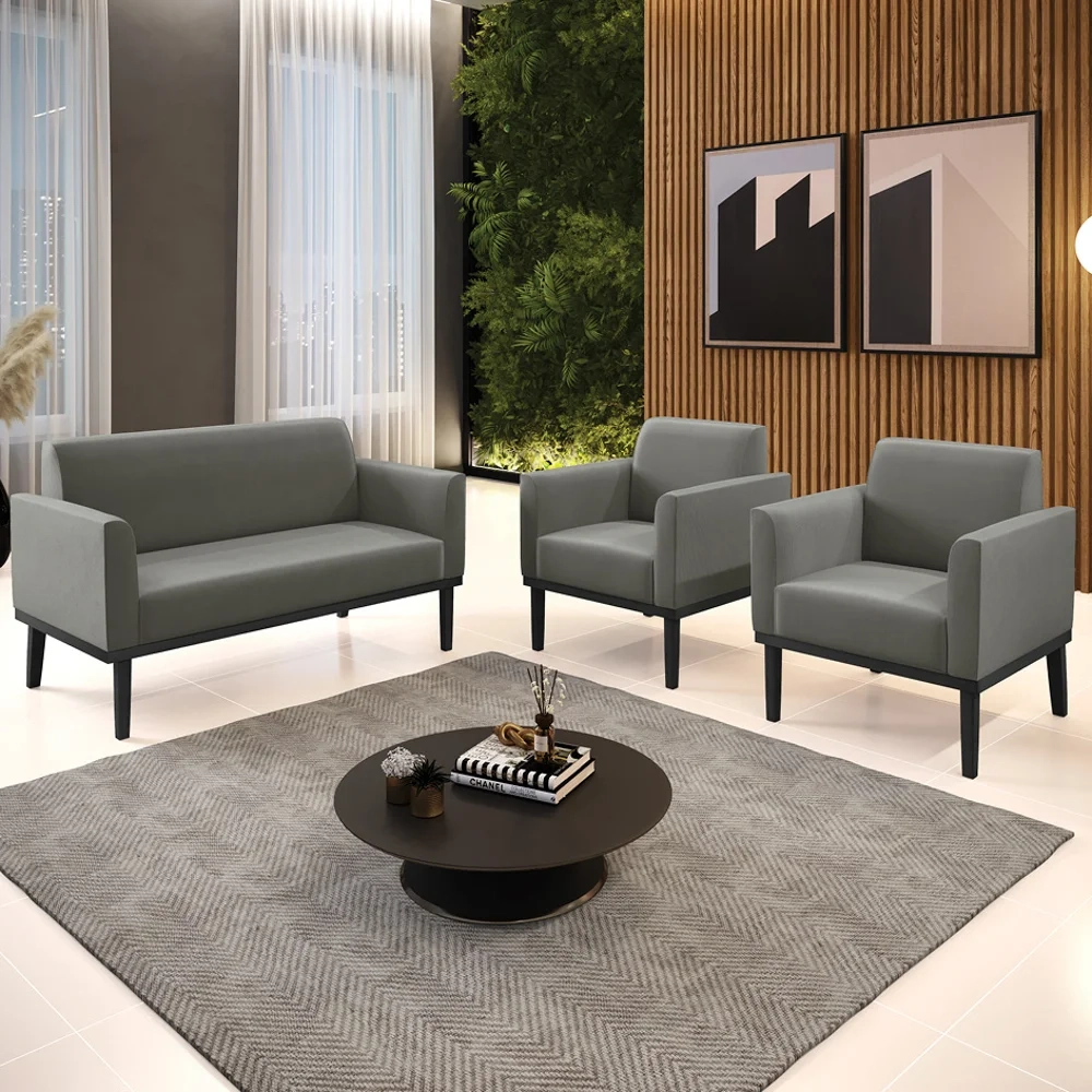 Sofá Namoradeira e 2 Poltronas Base Madeira Preto Maressa Suede Grafite - Ibiza