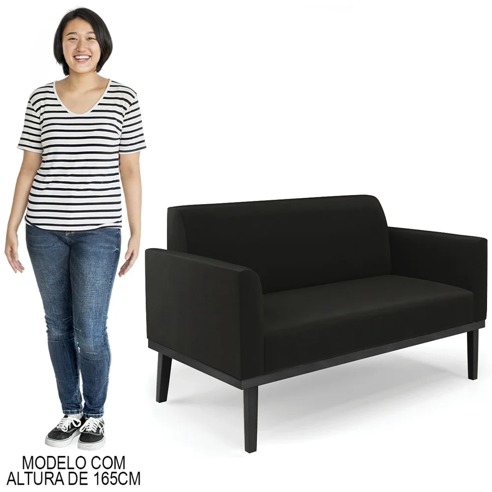 Sofá Namoradeira e 2 Poltronas Base Madeira Preto Maressa Suede Preto - Ibiza