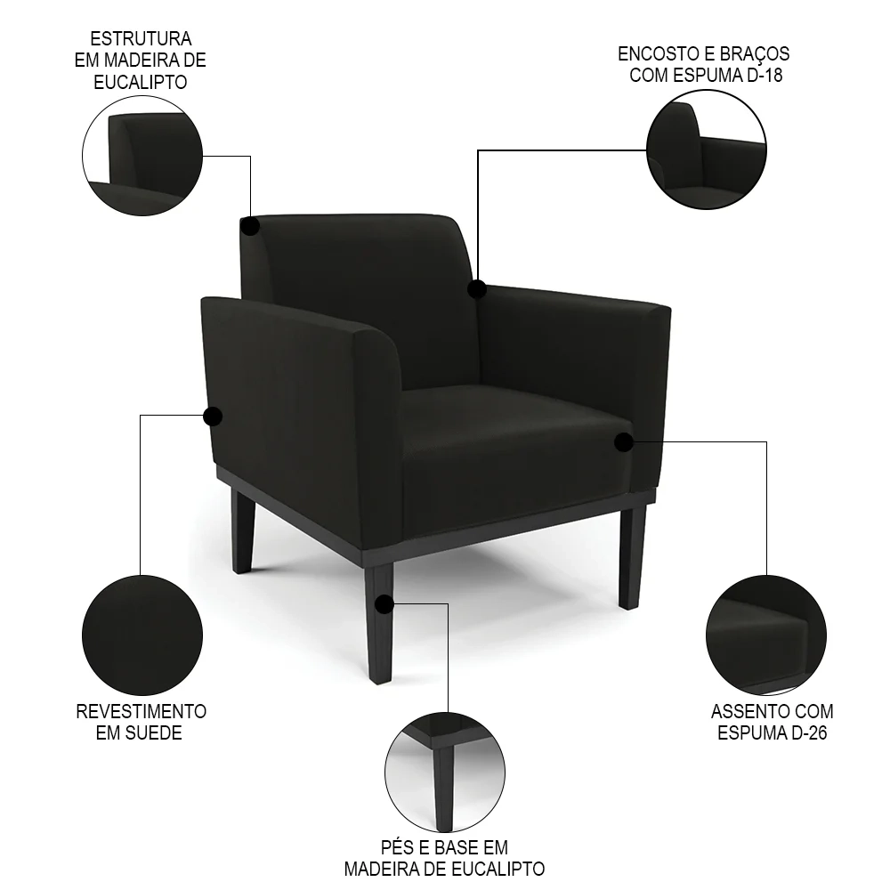 Sofá Namoradeira e 2 Poltronas Base Madeira Preto Maressa Suede Preto - Ibiza