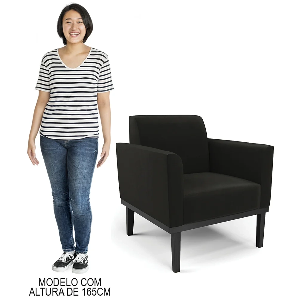 Sofá Namoradeira e 2 Poltronas Base Madeira Preto Maressa Suede Preto - Ibiza