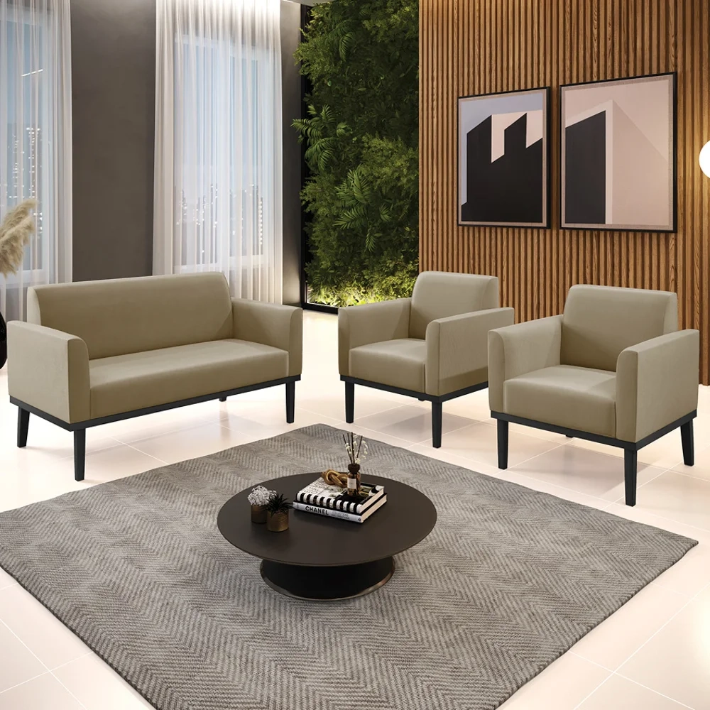 Sofá Namoradeira e 2 Poltronas Base Madeira Preto Maressa Suede Marrom RT - Ibiza