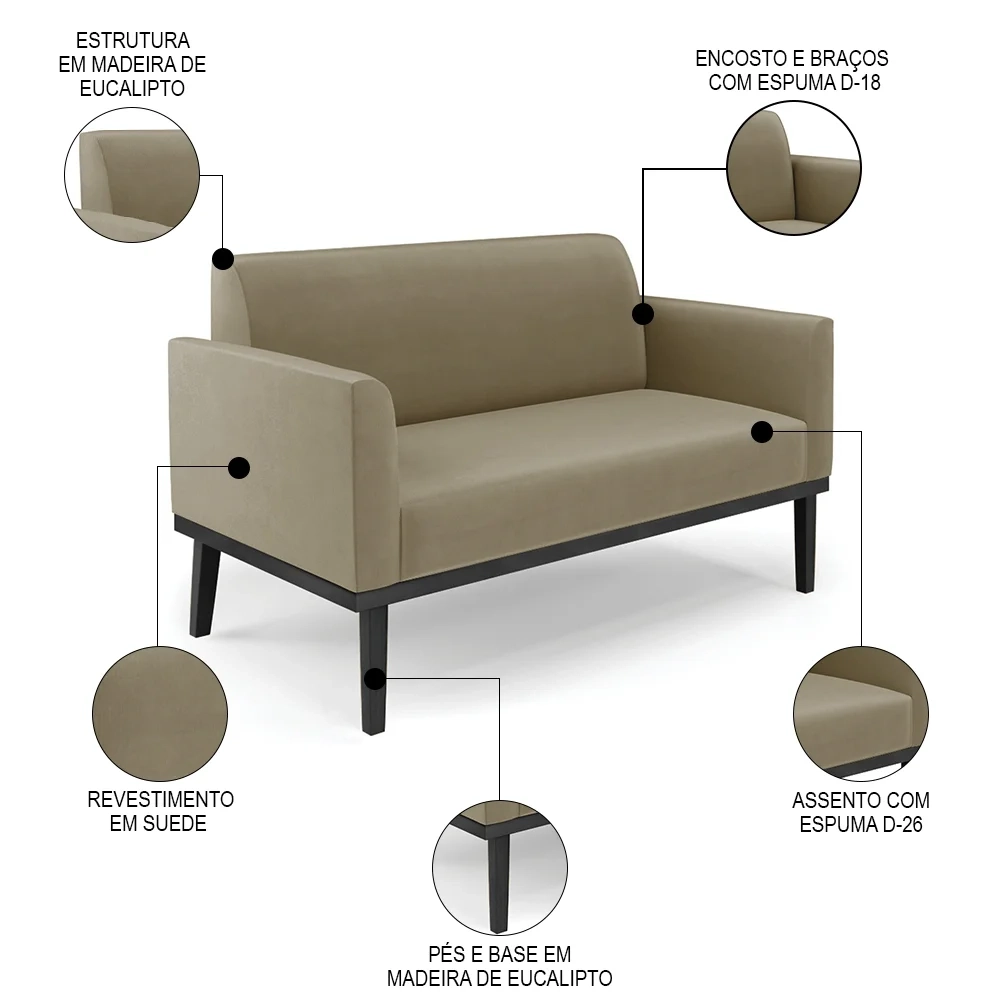 Sofá Namoradeira e 2 Poltronas Base Madeira Preto Maressa Suede Marrom RT - Ibiza