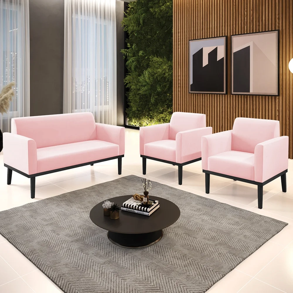 Sofá Namoradeira e 2 Poltronas Base Madeira Preto Maressa Suede Rosa Bebê - Ibiza