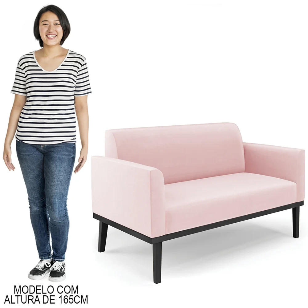 Sofá Namoradeira e 2 Poltronas Base Madeira Preto Maressa Suede Rosa Bebê - Ibiza