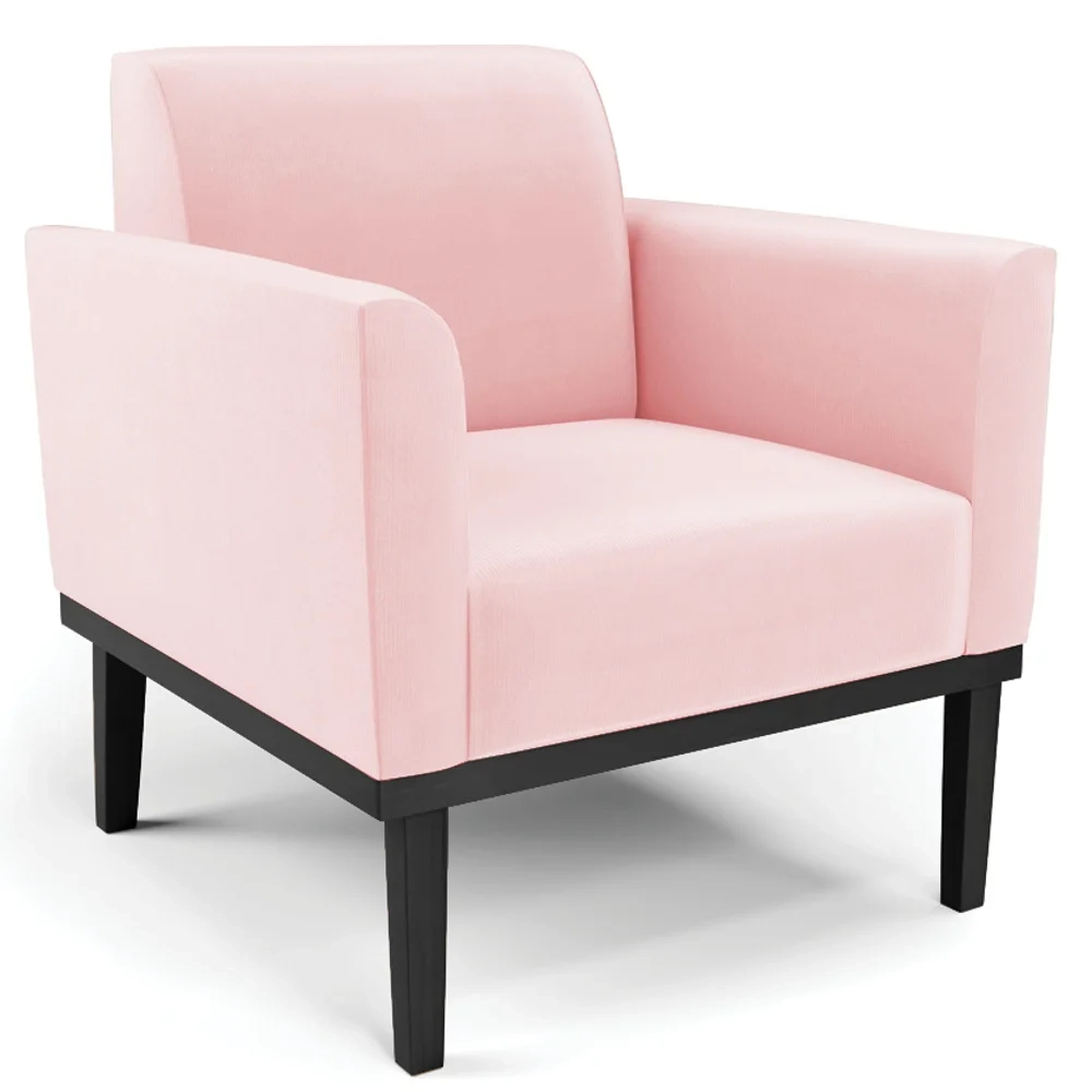 Sofá Namoradeira e 2 Poltronas Base Madeira Preto Maressa Suede Rosa Bebê - Ibiza