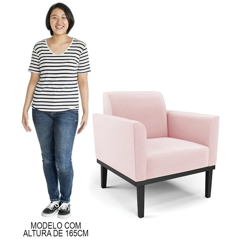 Sofá Namoradeira e 2 Poltronas Base Madeira Preto Maressa Suede Rosa Bebê - Ibiza