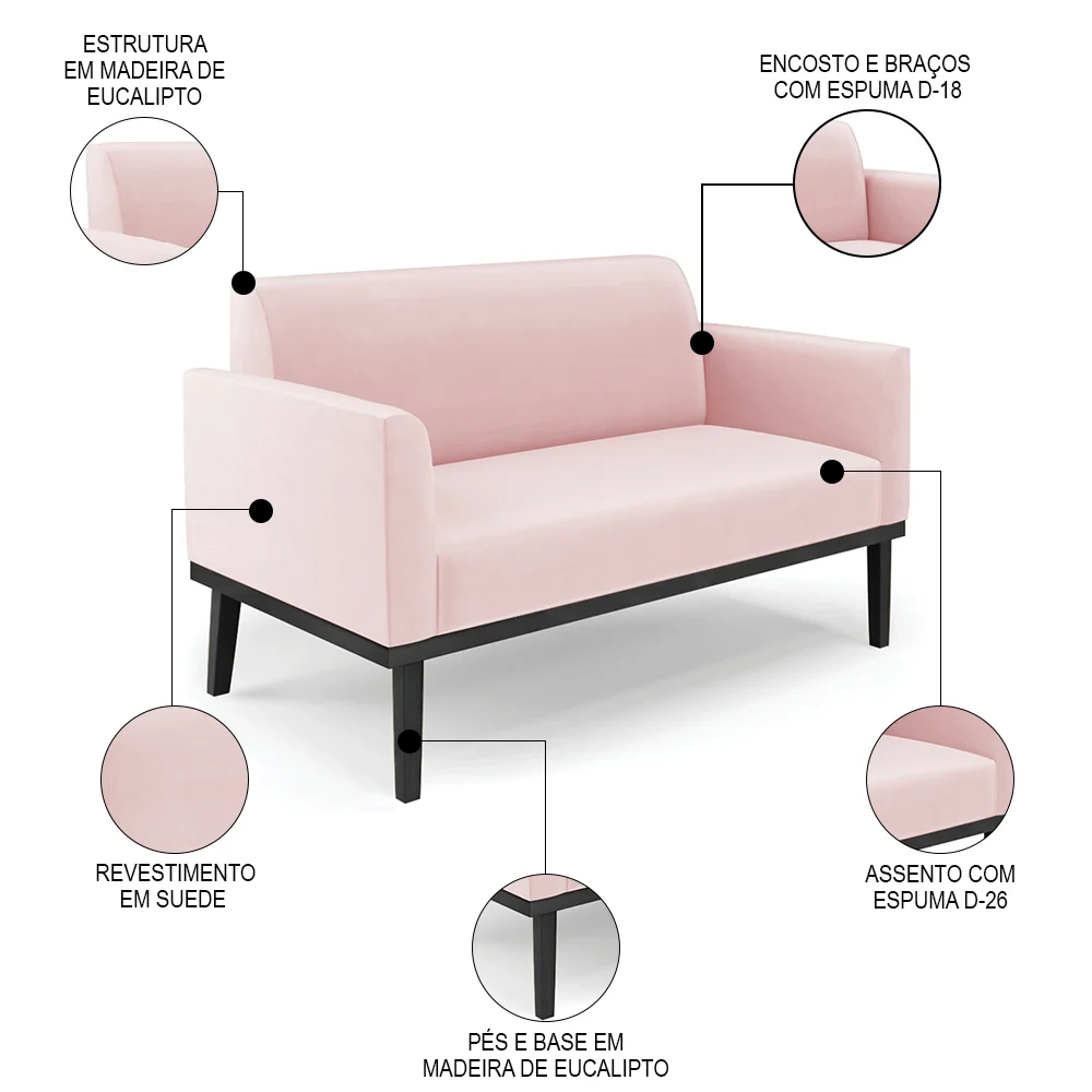 Sofá Namoradeira e 2 Poltronas Base Madeira Preto Maressa Suede Rosa Bebê - Ibiza