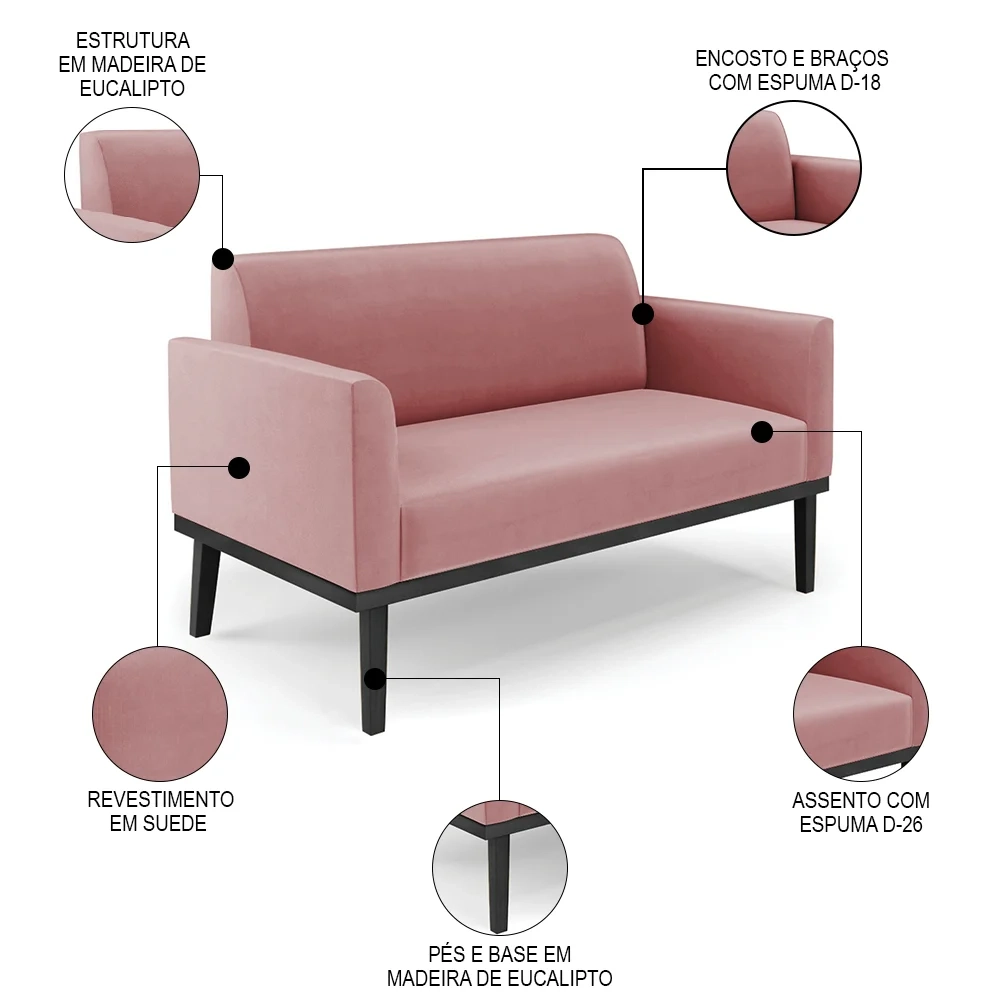 Sofá Namoradeira e 2 Poltronas Base Madeira Preto Maressa Suede Rosê - Ibiza