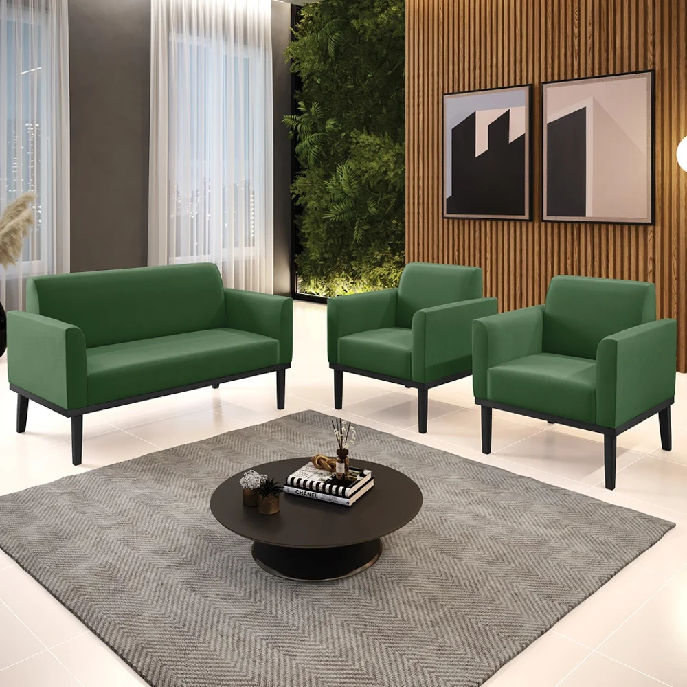 Sofá Namoradeira e 2 Poltronas Base Madeira Preto Maressa Suede Verde - Ibiza