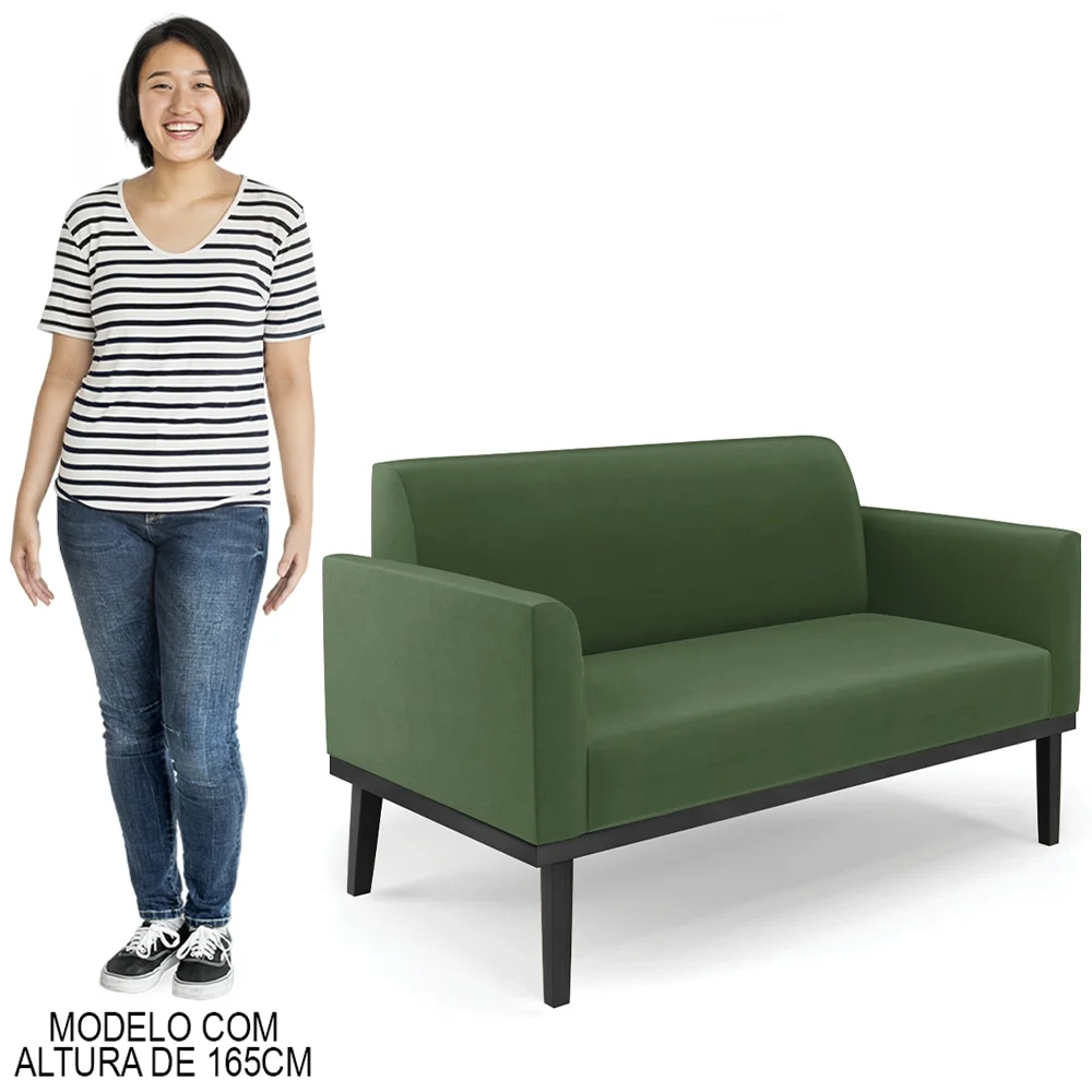 Sofá Namoradeira e 2 Poltronas Base Madeira Preto Maressa Suede Verde - Ibiza