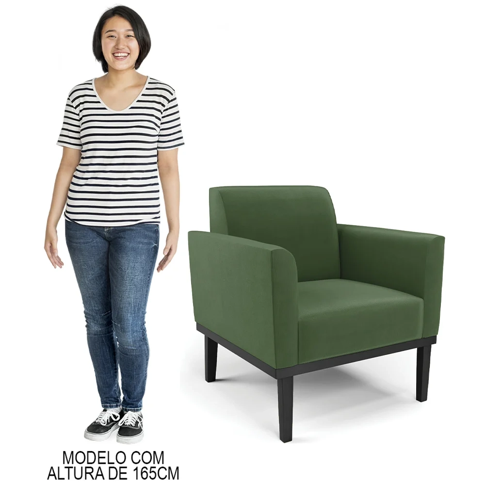 Sofá Namoradeira e 2 Poltronas Base Madeira Preto Maressa Suede Verde - Ibiza