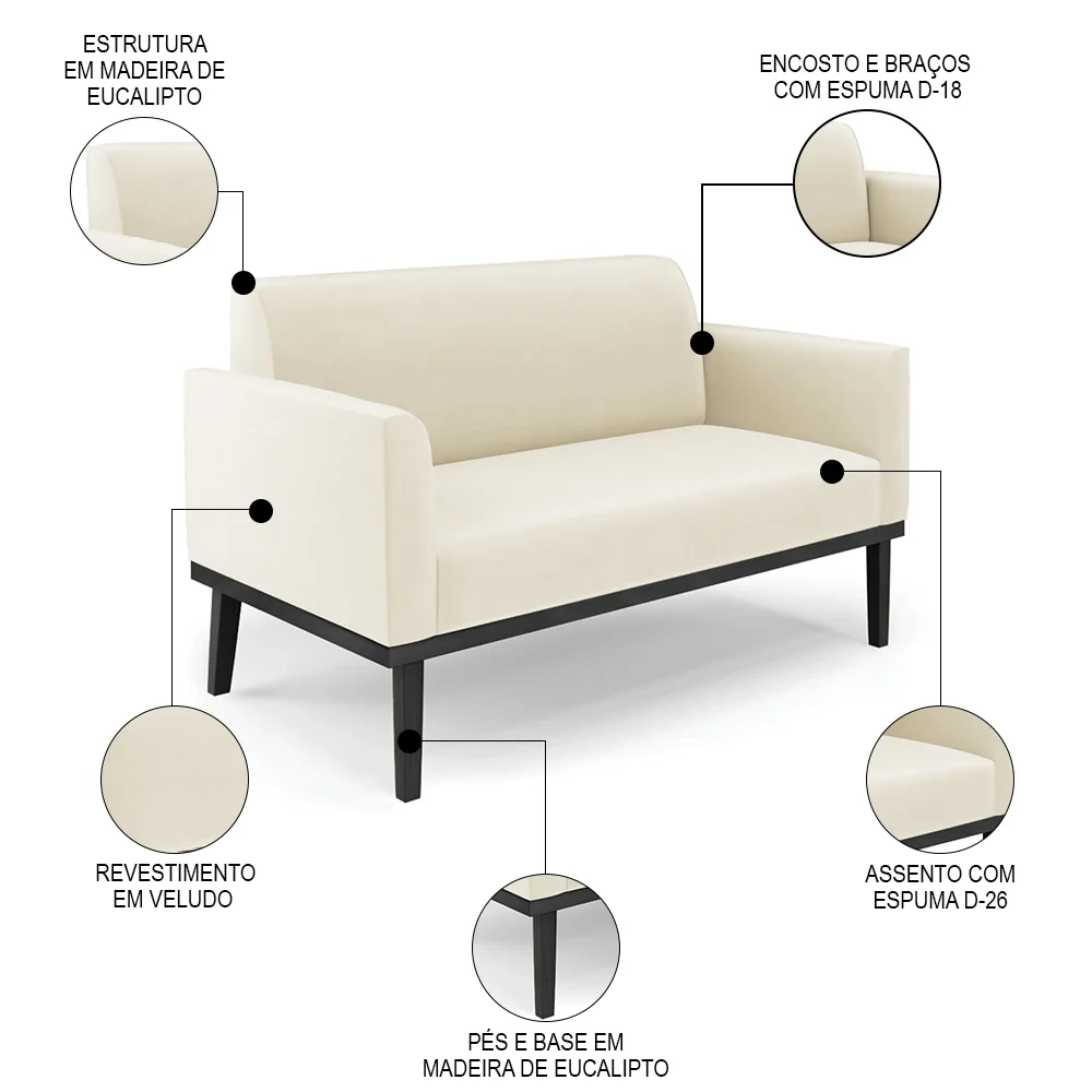 Sofá Namoradeira Base Madeira Preto Maressa Veludo Bege - Ibiza