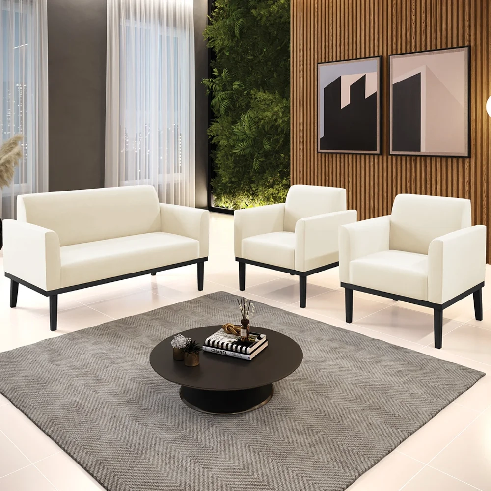 Sofá Namoradeira e 2 Poltronas Base Madeira Preto Maressa Veludo Bege - Ibiza