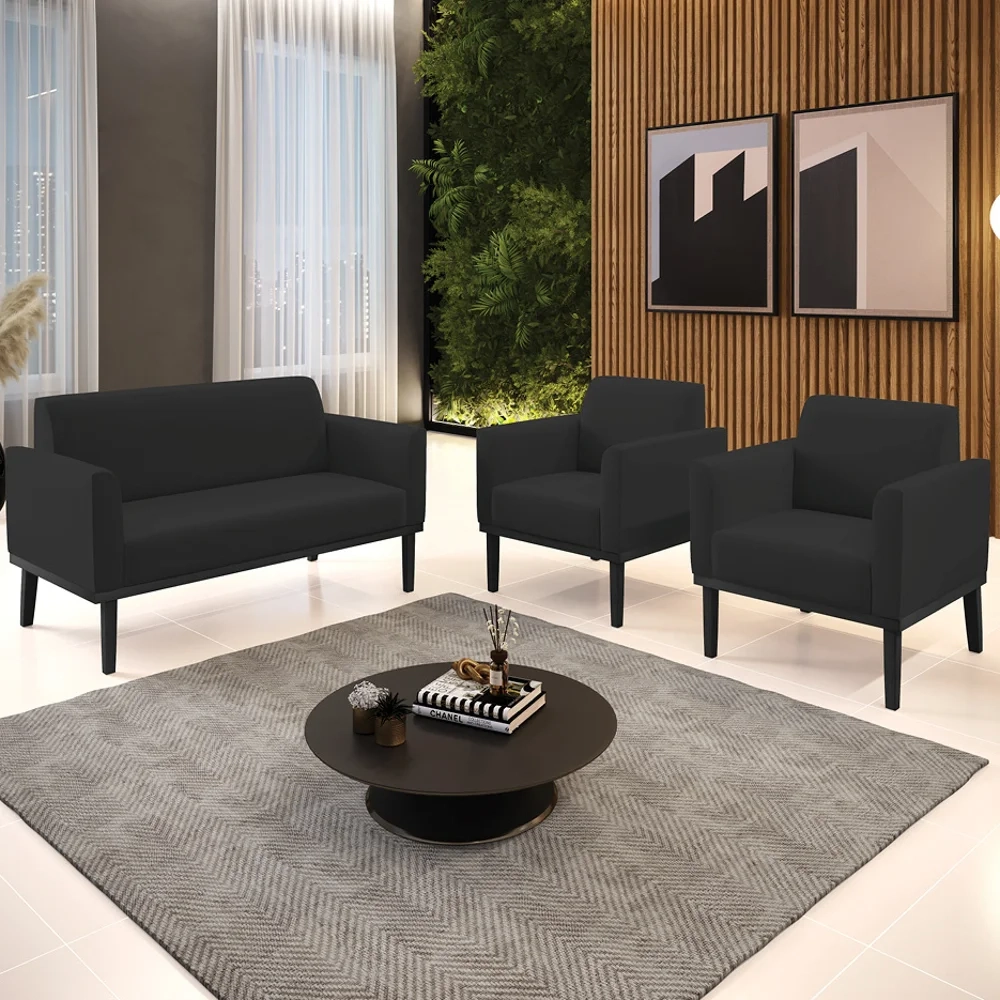 Sofá Namoradeira e 2 Poltronas Base Madeira Preto Maressa Veludo Preto - Ibiza