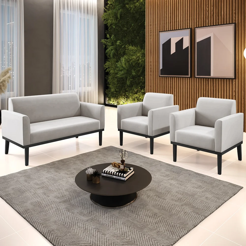 Sofá Namoradeira e 2 Poltronas Base Madeira Preto Maressa Veludo Cinza - Ibiza