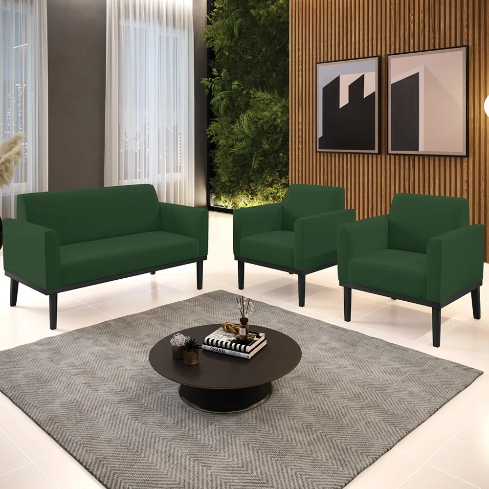 Sofá Namoradeira e 2 Poltronas Base Madeira Preto Maressa Veludo Verde - Ibiza