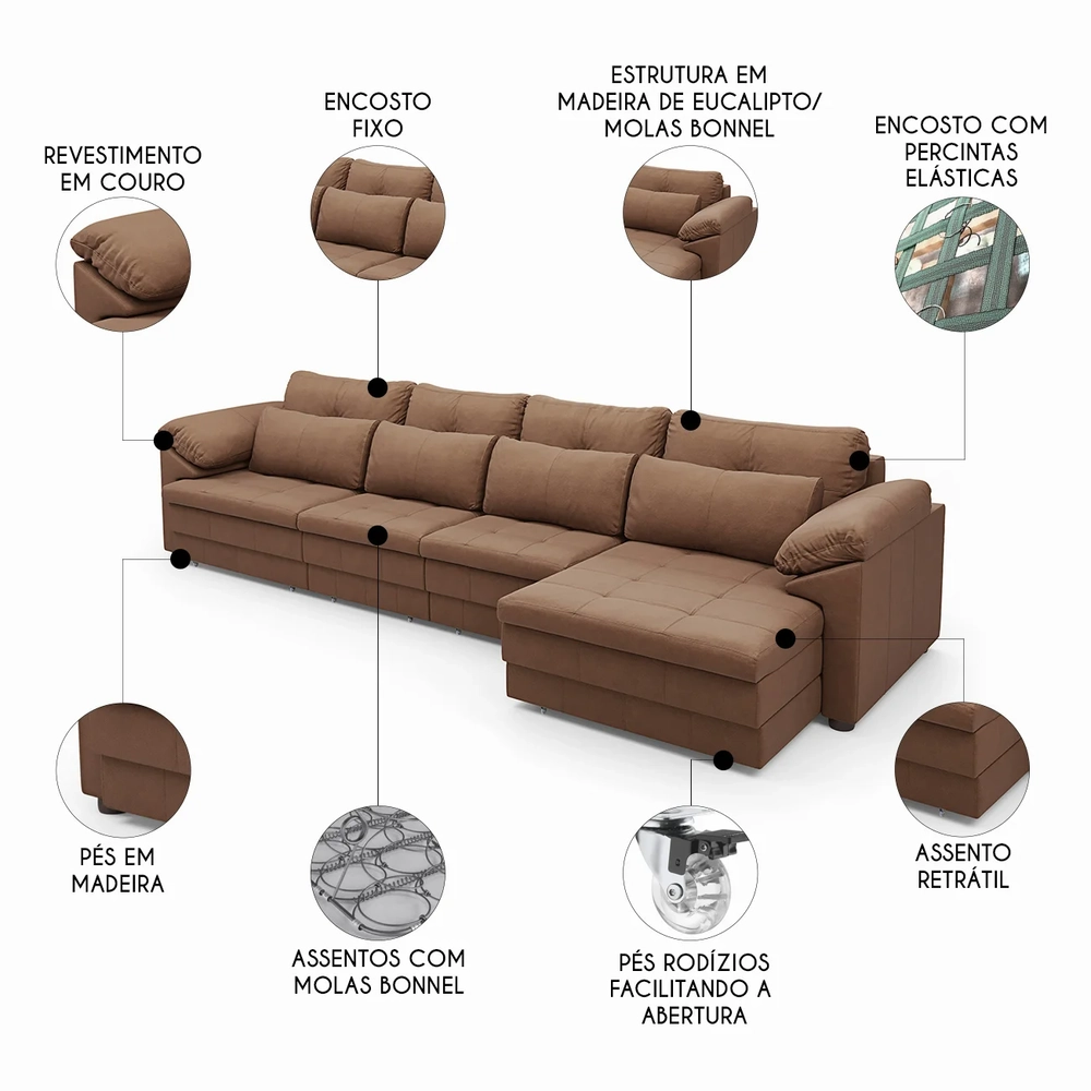 Sofá Retrátil 5 Lugares Para Sala 414cm Dijon Couro Mel S07 - Mpozenato