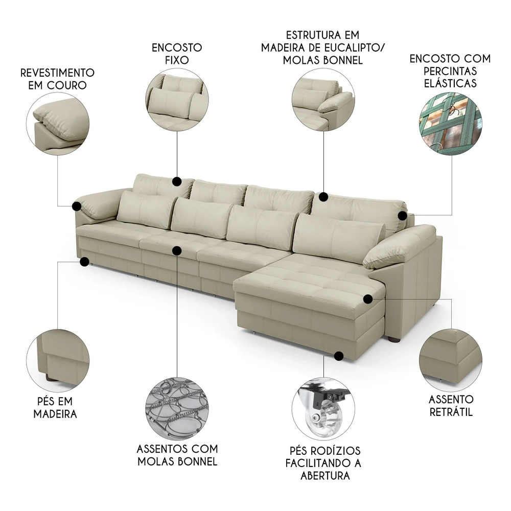 Sofá Retrátil 5 Lugares Para Sala 414cm Dijon Couro Creme S07 - Mpozenato