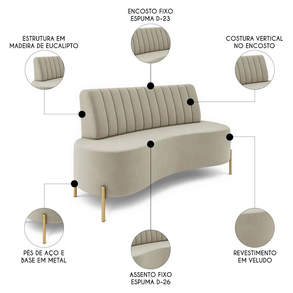 Sofá 2 Lugares 135cm Pés Aço Dourado Tamar Veludo Bege Z08  - Mpozenato