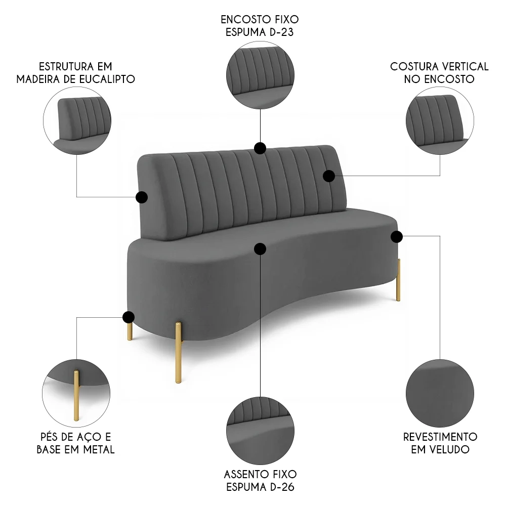 Sofá 2 Lugares 135cm Pés Aço Dourado Tamar Veludo Grafite Z08 - Mpozenato