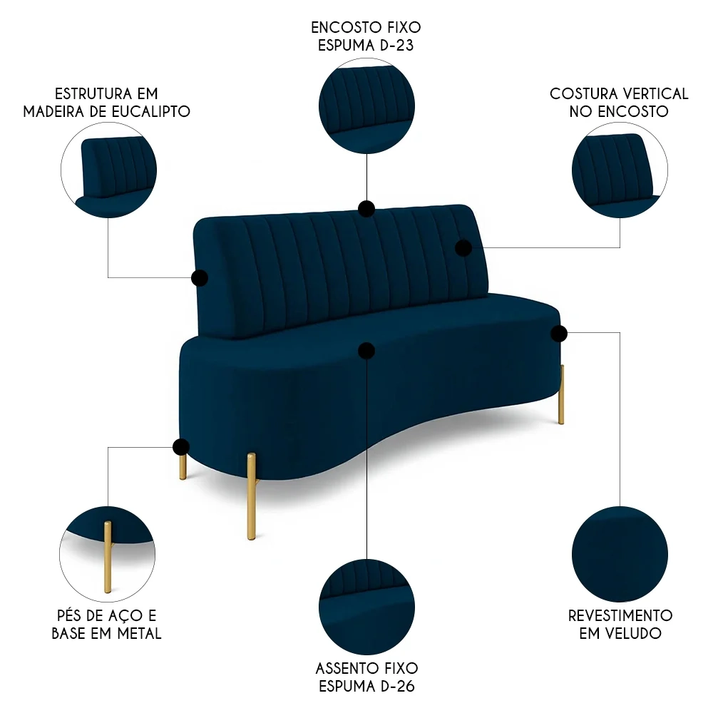Sofá 2 Lugares 135cm Pés Aço Dourado Tamar Veludo Azul Z08  - Mpozenato
