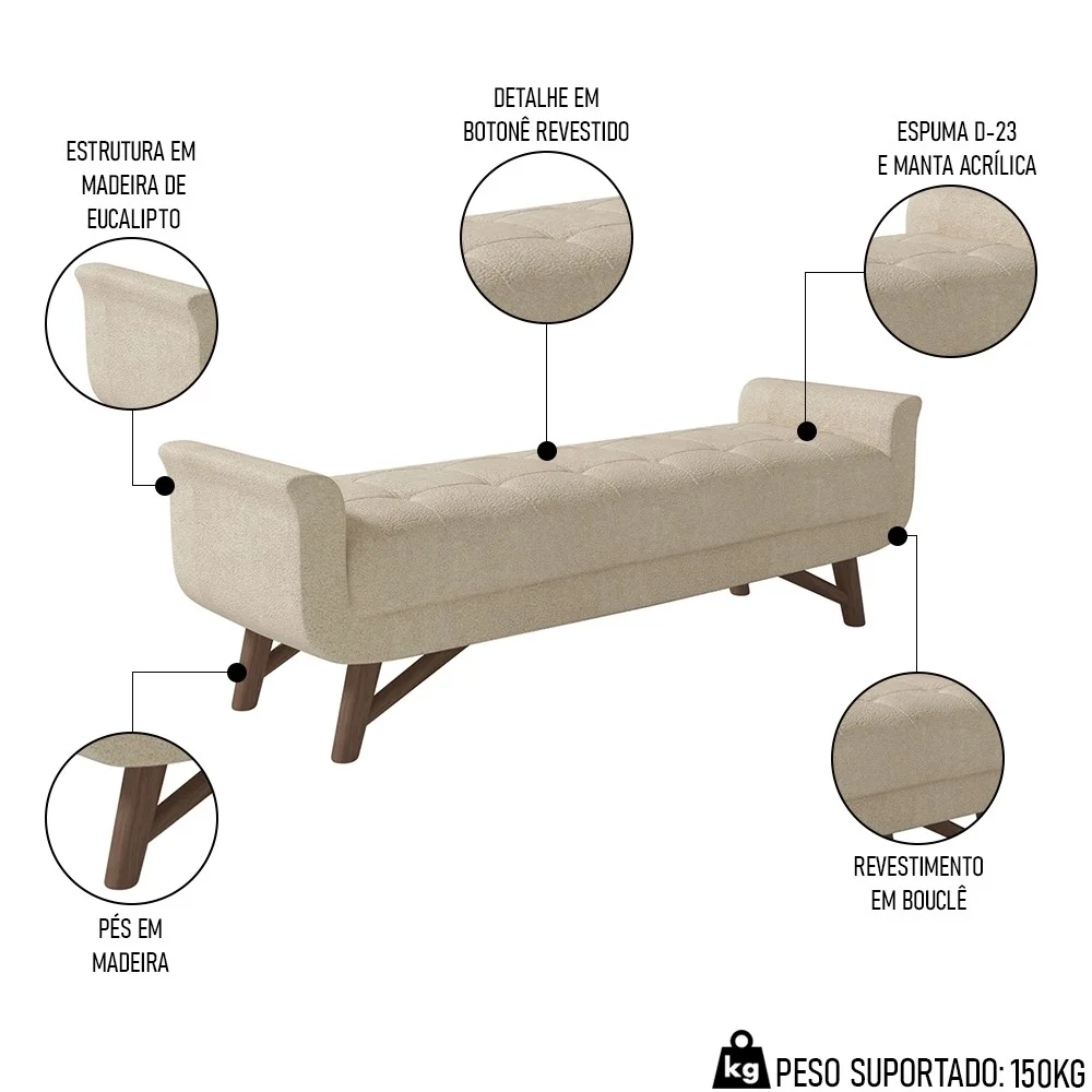 Puff Recamier Calçadeira 160cm Base Madeira Neville Z37 Boucle Bege - Mpozenato