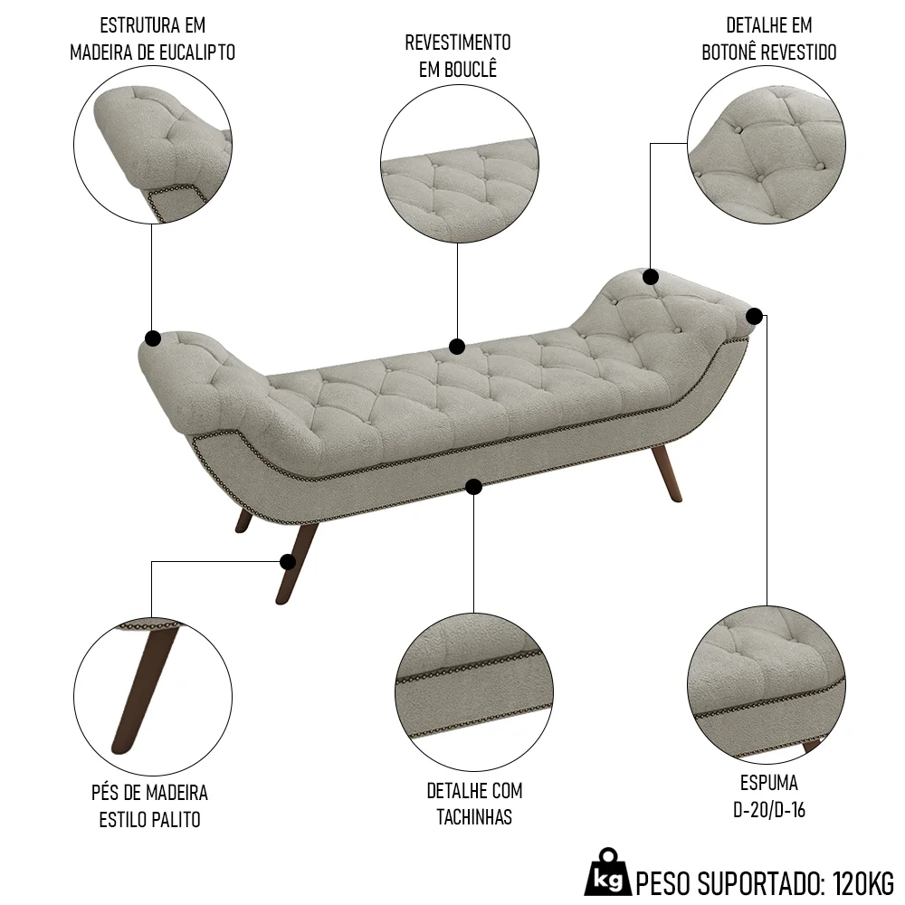 Puff Recamier Calçadeira 140cm Pés Palito Madeira Venêto Z37 Boucle Cru - Mpozenato