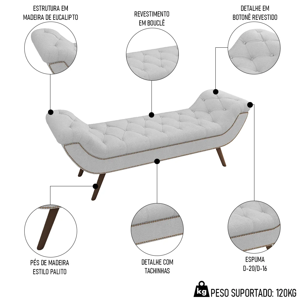 Puff Recamier Calçadeira 140cm Pés Palito Madeira Venêto Z37 Boucle Branco - Mpozenato