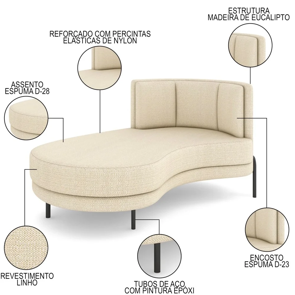 Chaise Longue Divã 164cm Braço Direito Logus D06 Linho Creme - Mpozenato