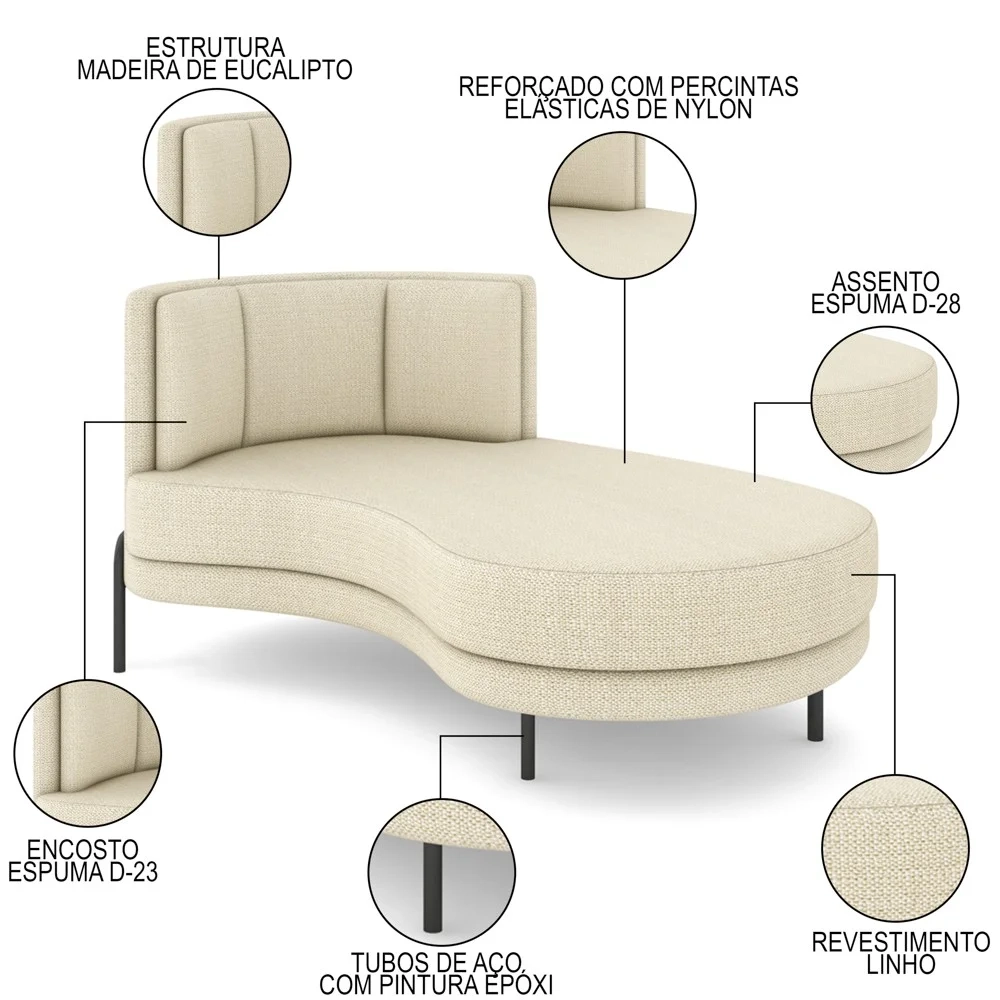 Chaise Longue Divã 164cm Braço Esquerdo Logus D06 Linho Creme - Mpozenato