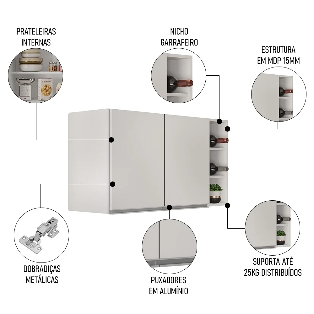 Armário de Cozinha Aéreo Califórnia 100cm e Nicho Garrafeiro Branco - Lumil