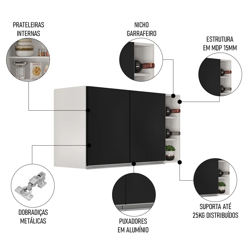 Armário de Cozinha Aéreo Califórnia 100cm e Nicho Garrafeiro Branco/Preto - Lumil