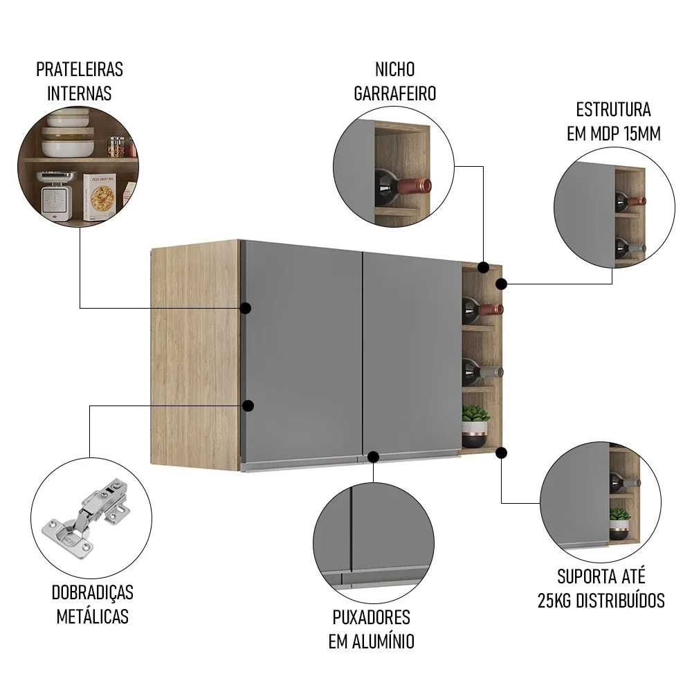 Armário de Cozinha Aéreo Califórnia 100cm e Nicho Garrafeiro Castanho/Cinza - Lumil