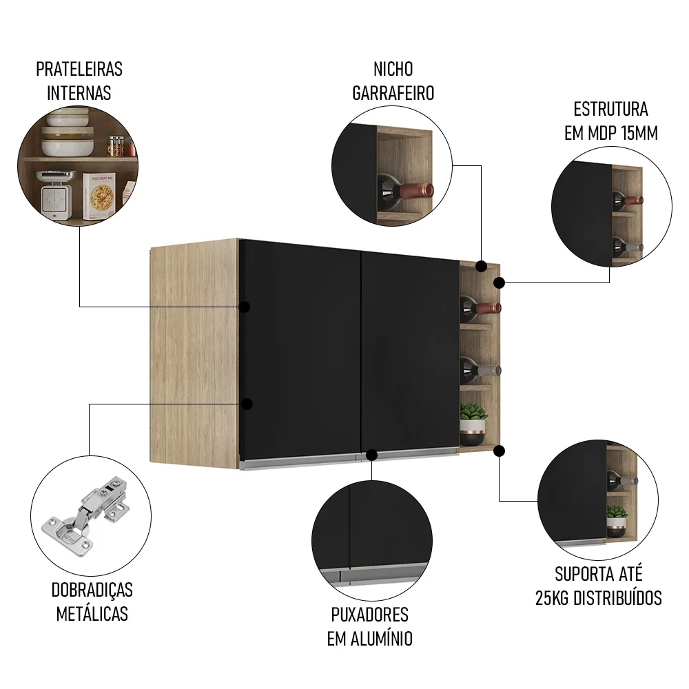 Armário de Cozinha Aéreo Califórnia 100cm e Nicho Garrafeiro Castanho/Preto - Lumil