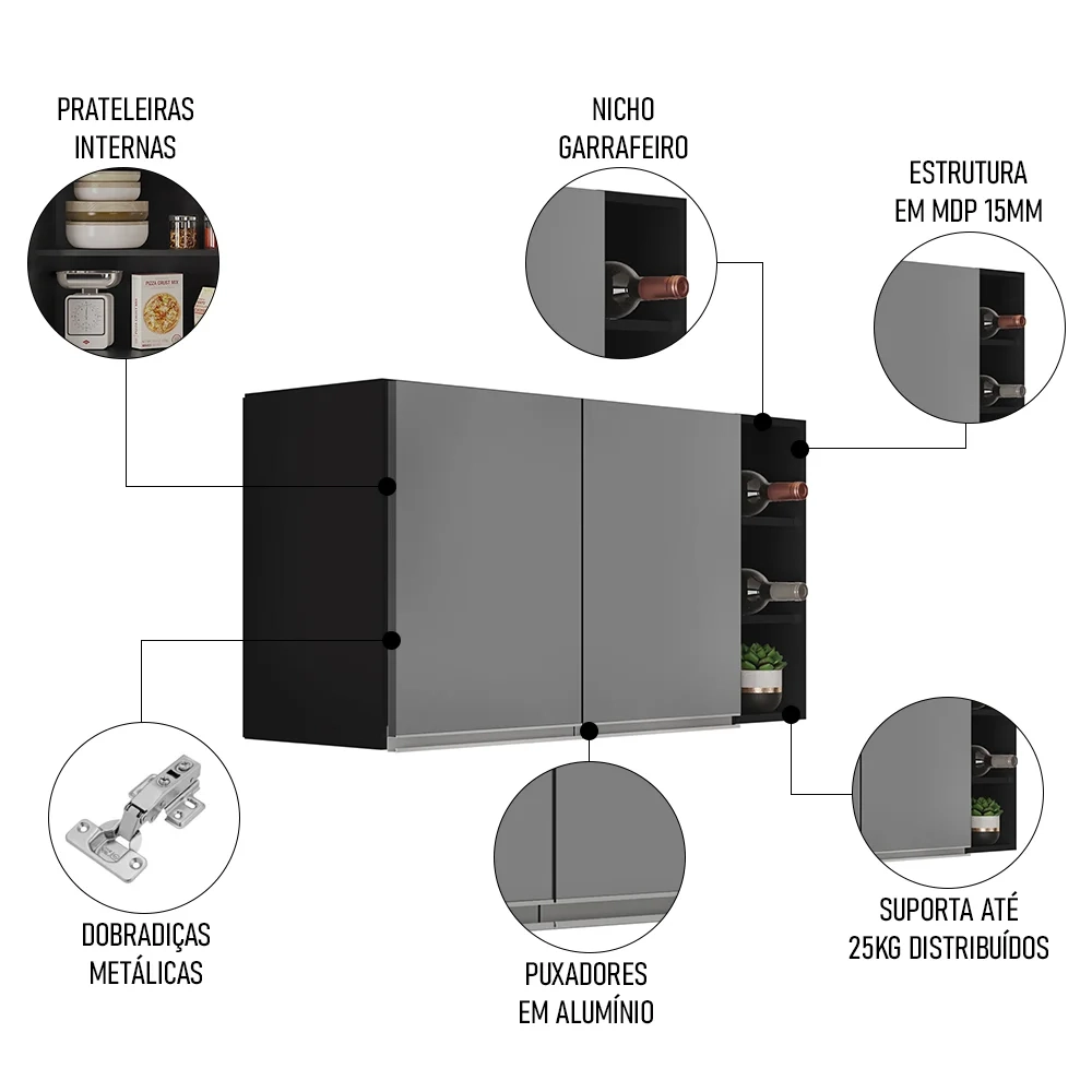 Armário de Cozinha Aéreo Califórnia 100cm e Nicho Garrafeiro Preto/Cinza - Lumil